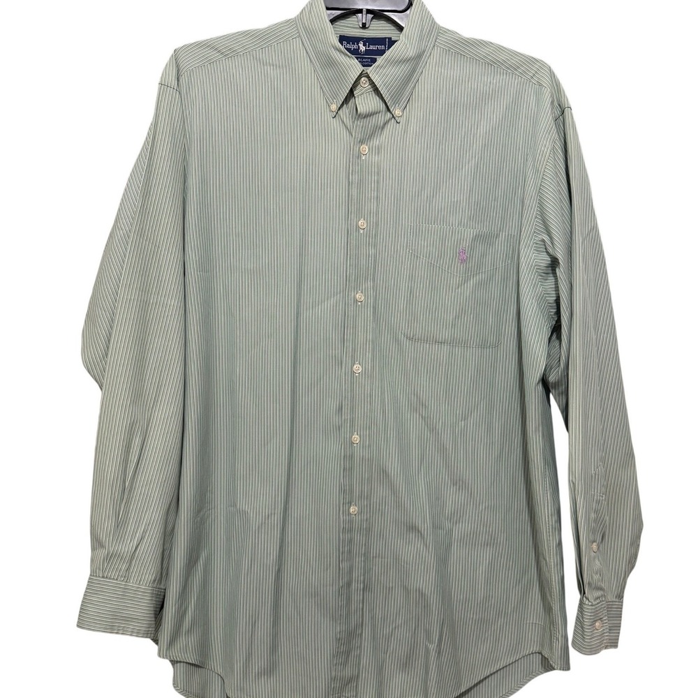 Ralph Lauren Blaire Men L Sage Green White Striped Button Down Cotton Shirt Pony